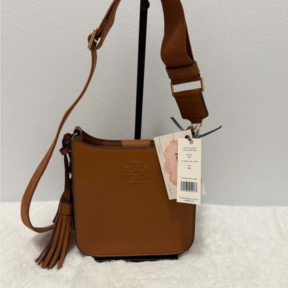Tory Burch Mini Web Brown Pebbled Leather Crossbody Bag NWT - Picture 7 of 8